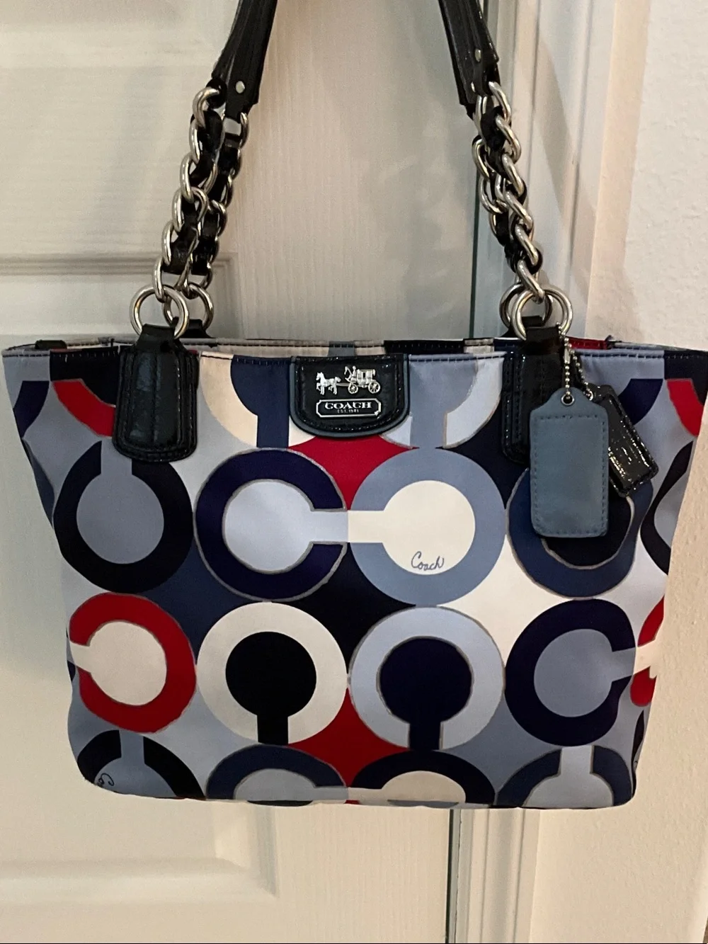 Coach Navy Red White Circle-Print Chain Handle bag purse